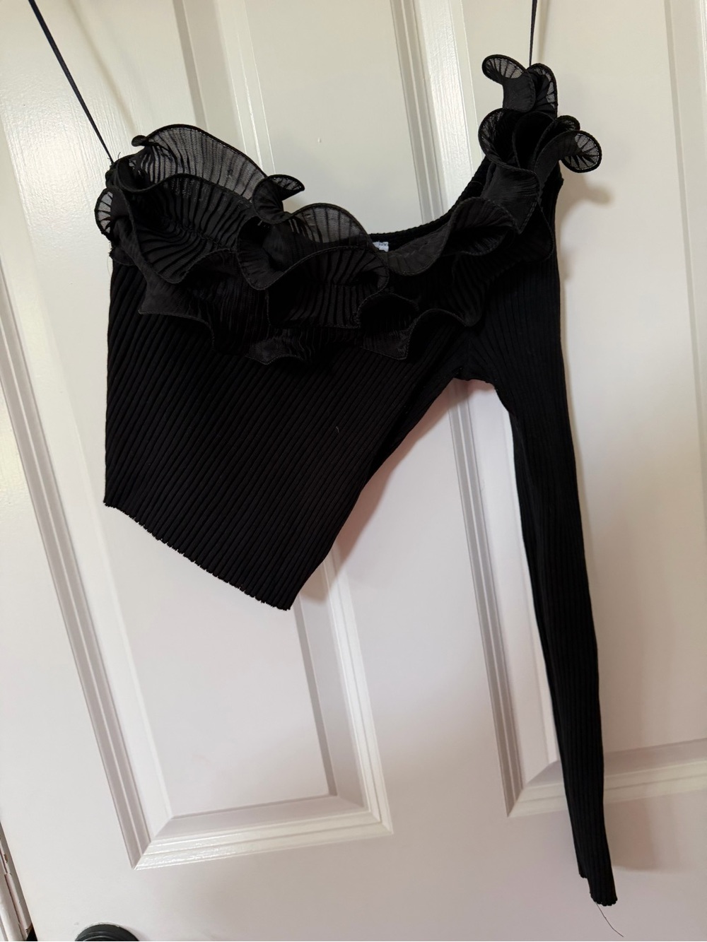 Zara Black One-Shoulder Ruffle Ribbed Crop Top